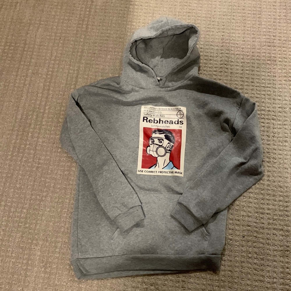 Gray graphic hoodie.